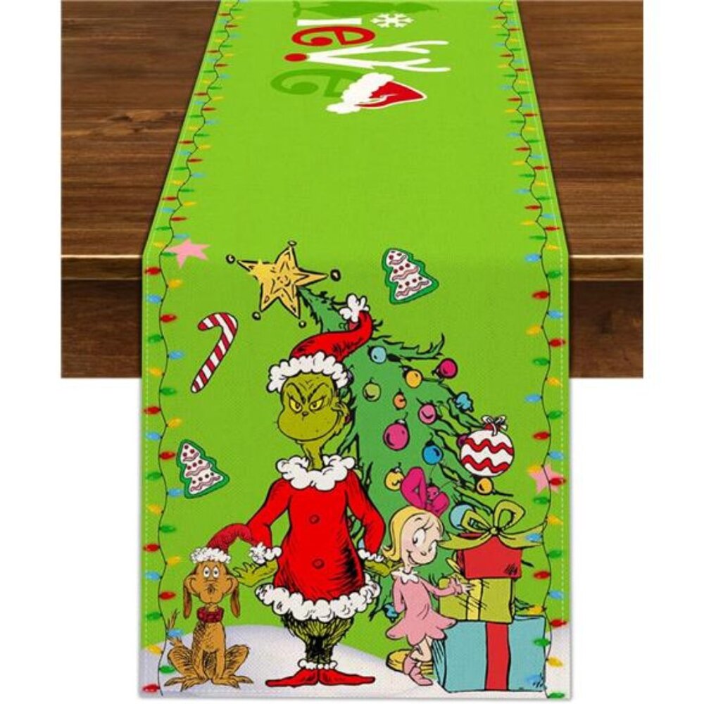 Green Christmas Table Runner, Whoville Believe Theme, 13x72, Holiday Party Decor